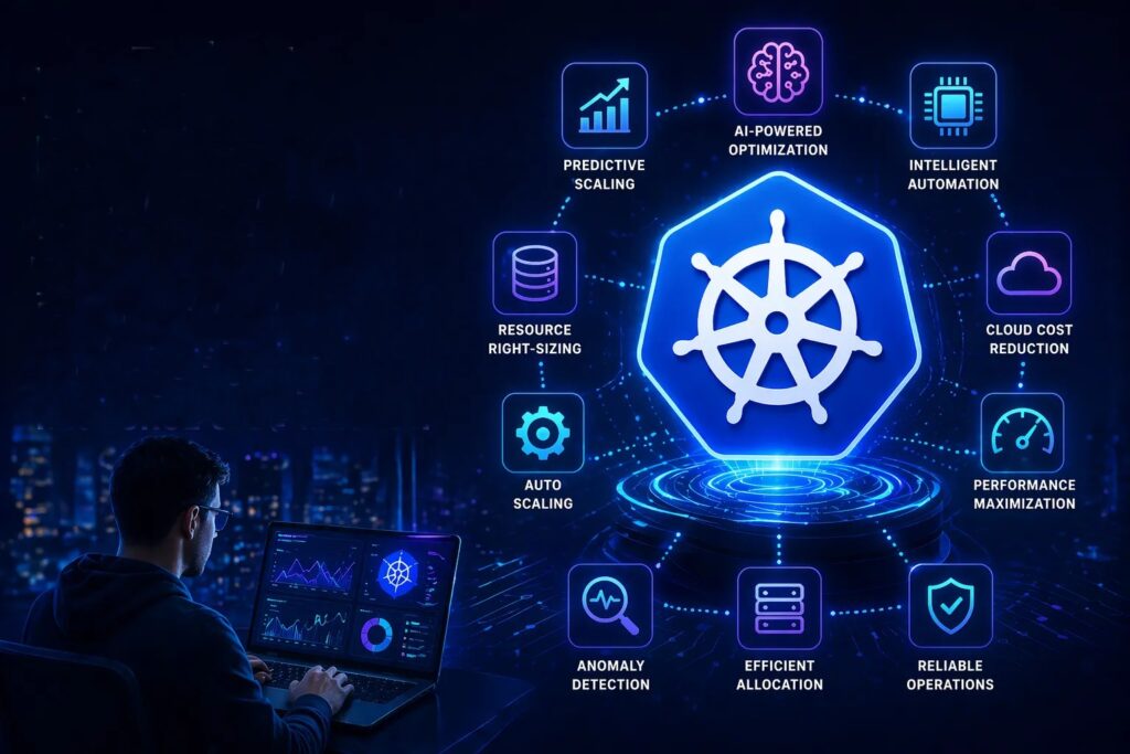 Dashboard showing AI-powered Kubernetes resource optimization tools and cluster metrics