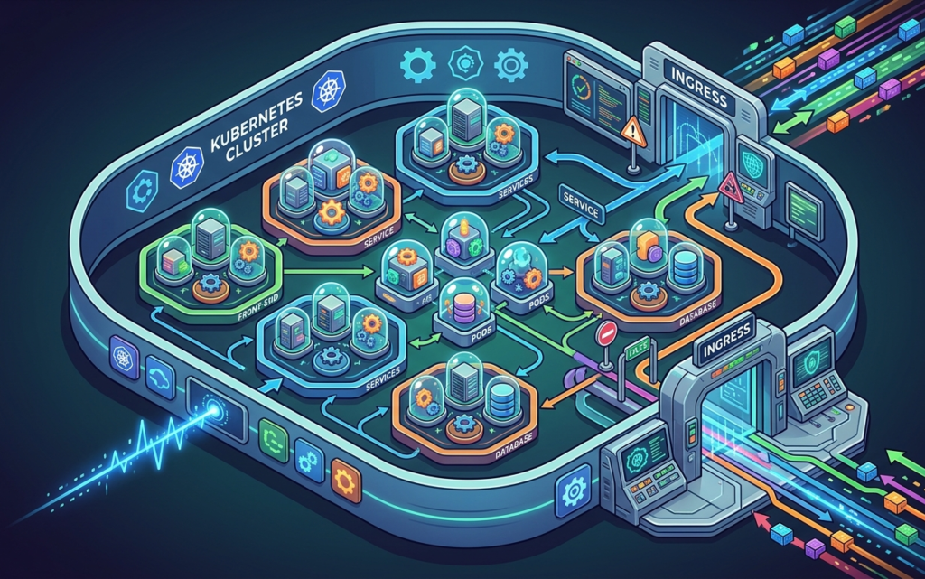 Visual diagram showing Kubernetes components, Pods, Deployments, Services, and Ingress, connected in a cluster