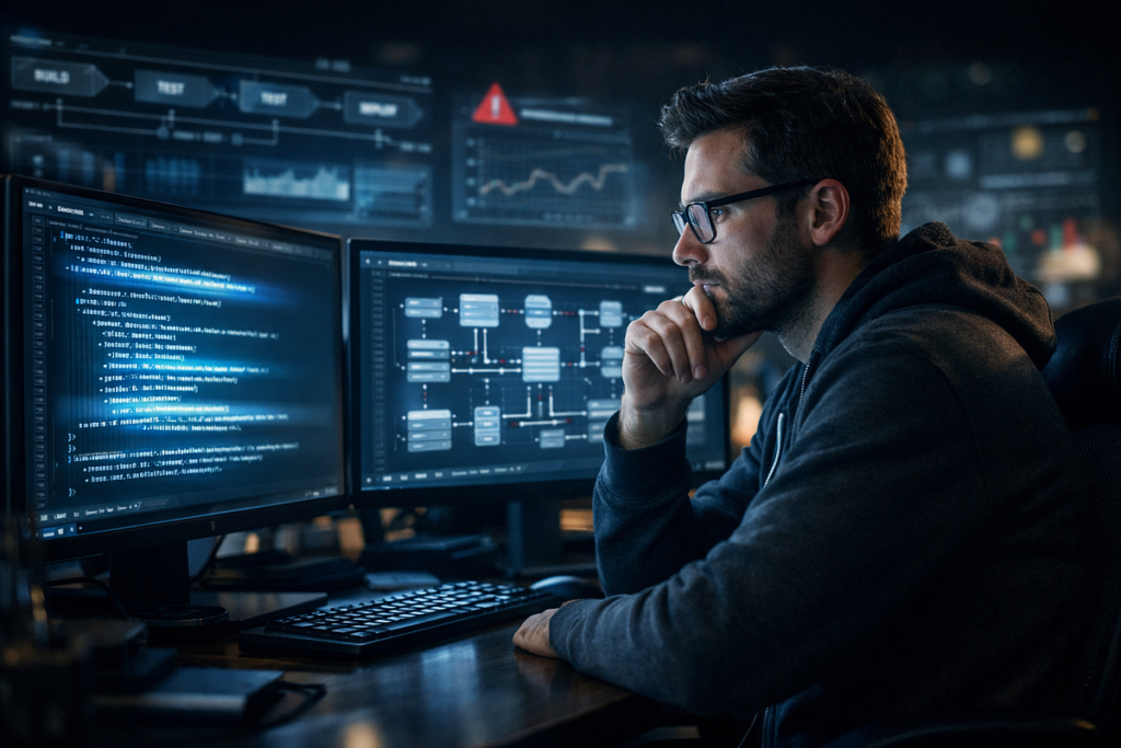 A developer staring at lines of code on a dark monitor screen, representing deep computing concepts