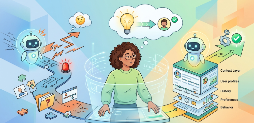 A diagram illustrating a customer context layer feeding real-time behavioral data to AI agents for decisioning