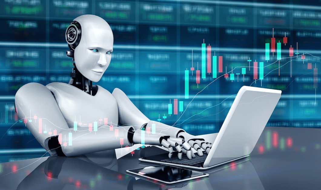 Illustration of an AI-powered financial advisor bot managing digital assets and executing crypto transactions on a blockchain network