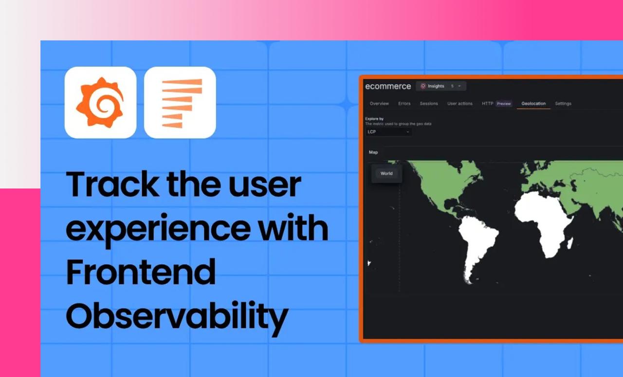 Grafana Cloud Frontend Observability dashboard showing user actions, geolocation map, and redesigned errors view
