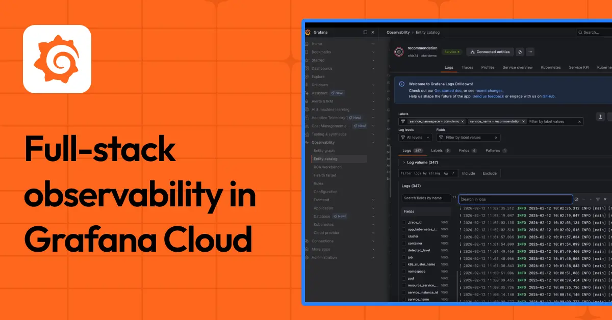 Grafana Cloud full-stack observability dashboard showing service and infrastructure relationships