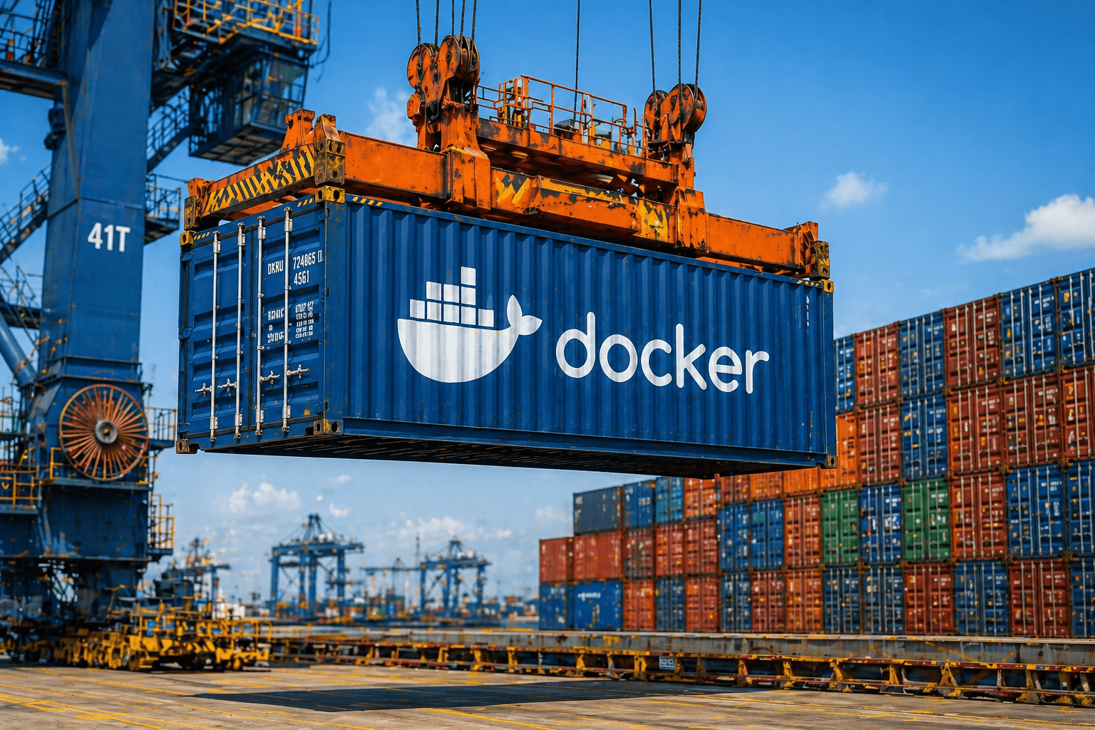 A developer in Lagos working with Docker containers on a laptop connected to a cloud AI environment