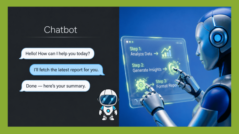 Split-screen graphic showing a chatbot interface on the left and an AI agent completing a multi-step task on the right