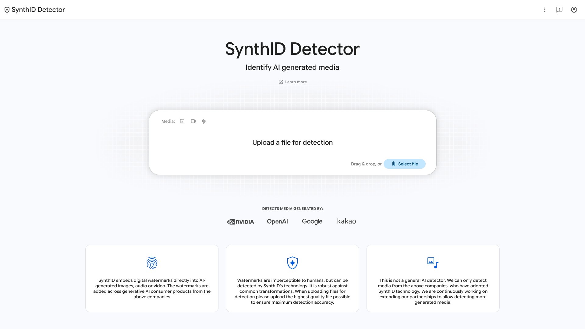 Google SynthID Detector website checking a video for an AI watermark